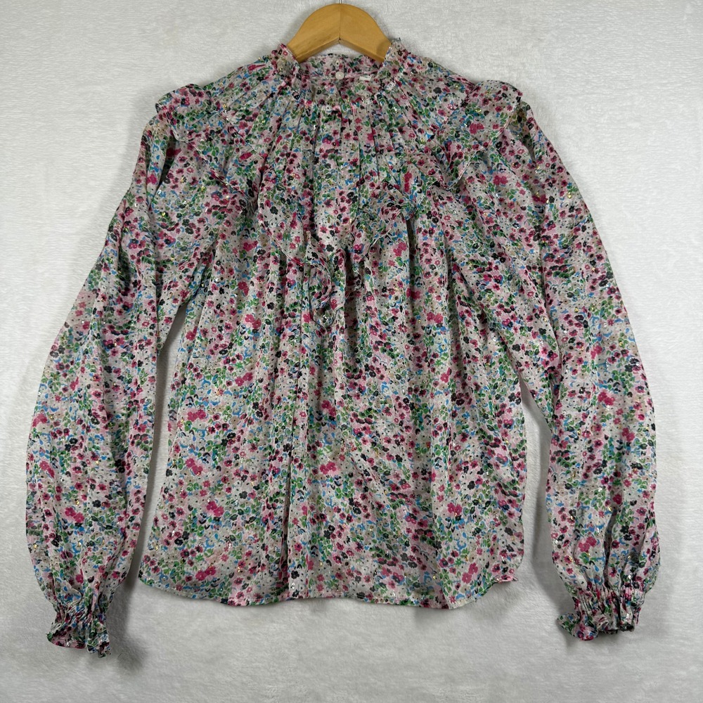 Boden Floral Ruffle Neck Metallic Lurex Blouse Pink Blue US 6 UK 10 T1193